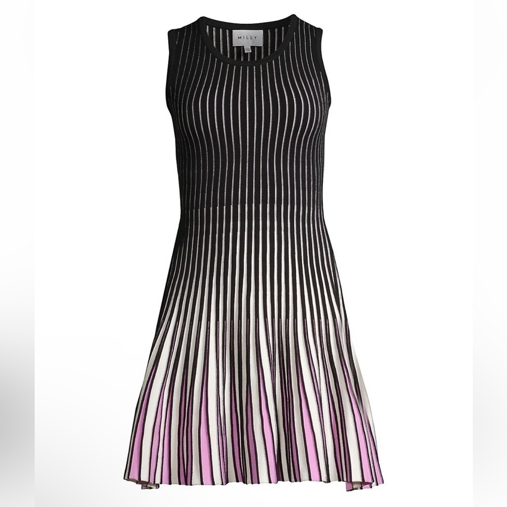 Milly Inset Stripe Flare Godet Dress Multicolor Navy Blue, Pink, and White